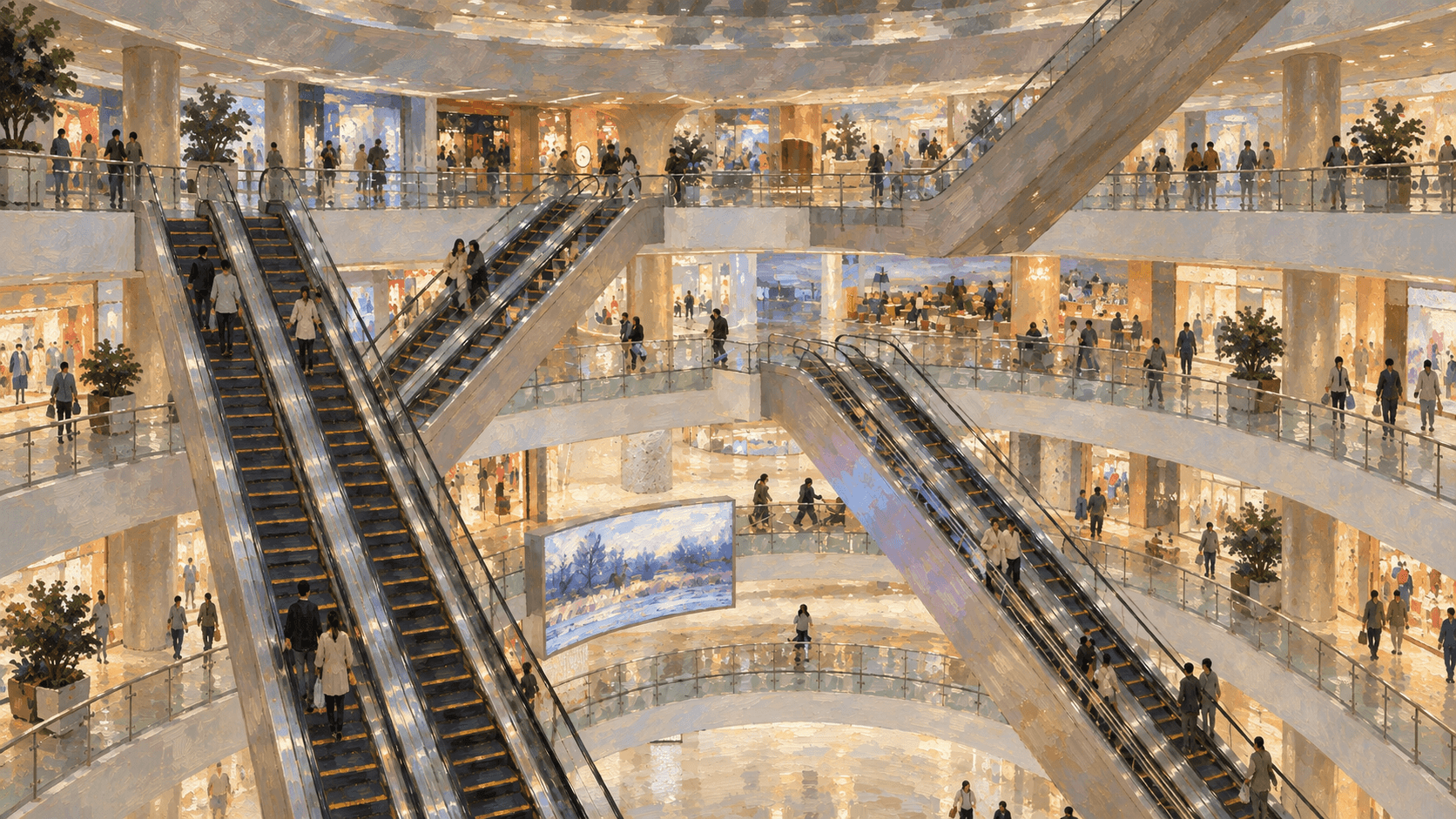 Shoppers and escalators inside a multi-level Thai retail mall