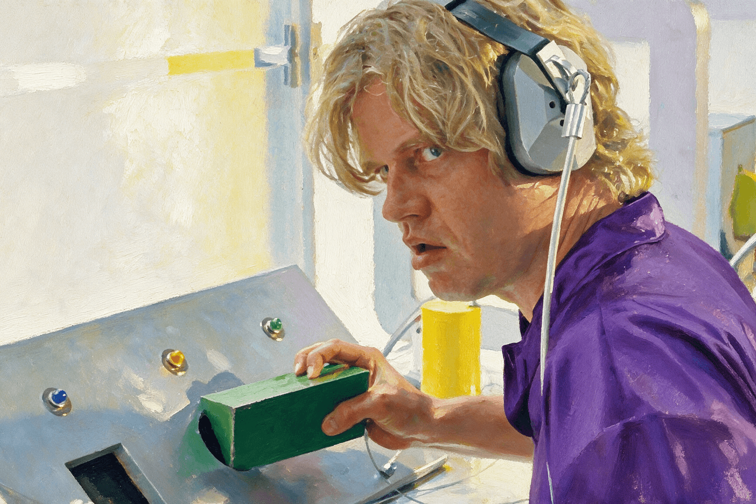 An operator in headphones testing a control console and attempting to fit a green block into an interface slot